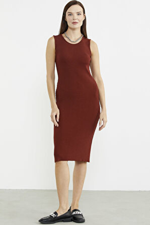 Kalın Askılı Uzun Triko Elbise - Kiremit