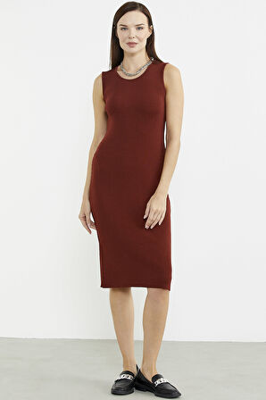 Kalın Askılı Uzun Triko Elbise - Kiremit