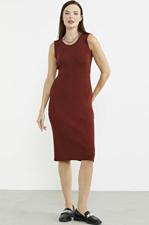 Kalın Askılı Uzun Triko Elbise - Kiremit