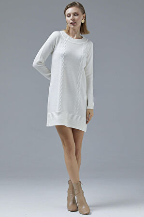 Diz Üstü Saç Örgü Motifli Triko Elbise - Kemik