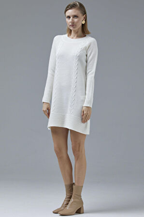 Diz Üstü Saç Örgü Motifli Triko Elbise - Kemik