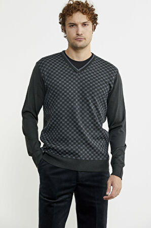 Kare Desenli Yünlü Jakarlı Triko Kazak - Antrasit