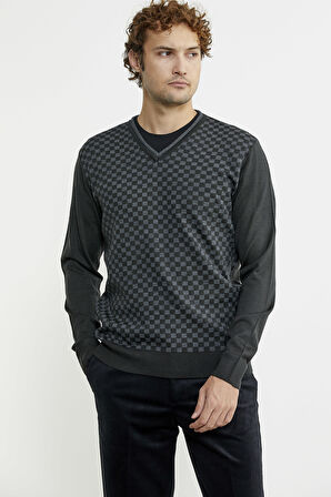 Kare Desenli Yünlü Jakarlı Triko Kazak - Antrasit