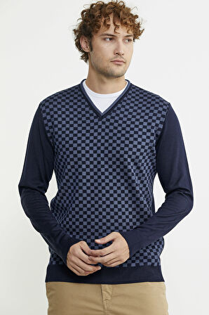 Kare Desenli Yünlü Jakarlı Triko Kazak - Lacivert