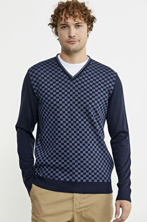 Kare Desenli Yünlü Jakarlı Triko Kazak - Lacivert