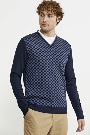 Kare Desenli Yünlü Jakarlı Triko Kazak - Lacivert