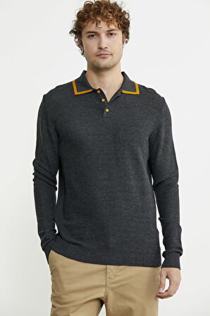 Polo Yaka Düğmeli Triko Kazak - Antrasit