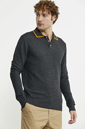 Polo Yaka Düğmeli Triko Kazak - Antrasit