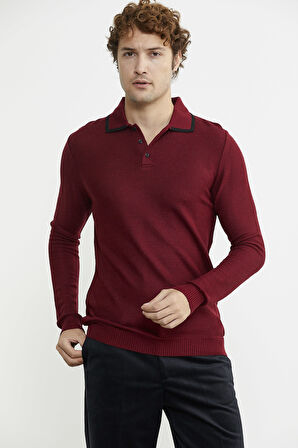 Polo Yaka Düğmeli Triko Kazak - Bordo