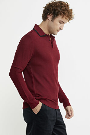 Polo Yaka Düğmeli Triko Kazak - Bordo