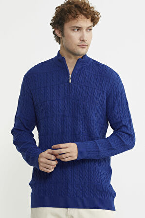 Dik Yaka Fermuarlı Saç Örgü Triko Kazak - Saks