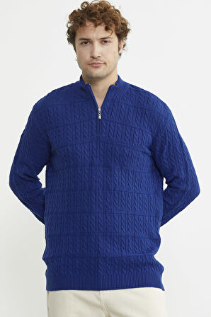 Dik Yaka Fermuarlı Saç Örgü Triko Kazak - Saks