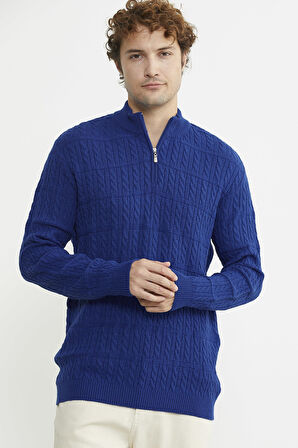 Dik Yaka Fermuarlı Saç Örgü Triko Kazak - Saks