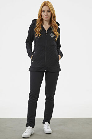 Kapüşonlu Kapitone Detaylı Eşofman Takım - Siyah