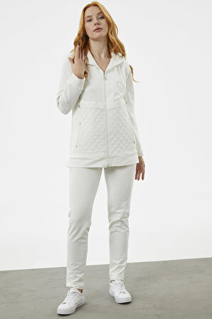 Kapüşonlu Kapitone Detaylı Eşofman Takım - Ekru