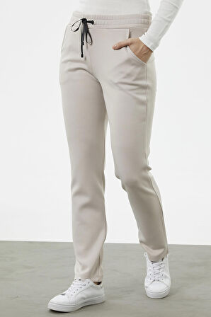 Beli Kalın Lastikli Eşofman Altı - Bej