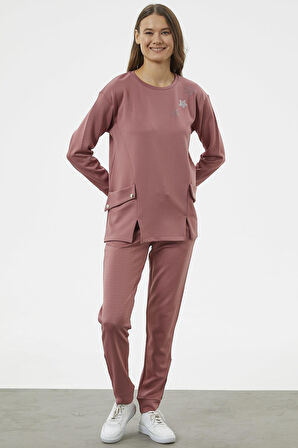 Torba Cep Detaylı Oversize Eşofman Takım - Gül