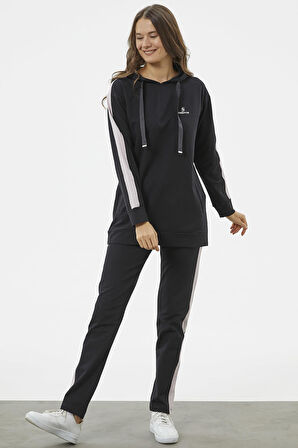 Çift Renk Kapüşonlu Eşofman Takım - Siyah