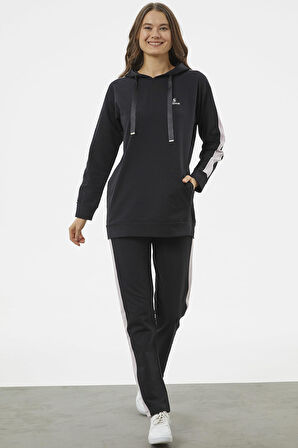 Çift Renk Kapüşonlu Eşofman Takım - Siyah