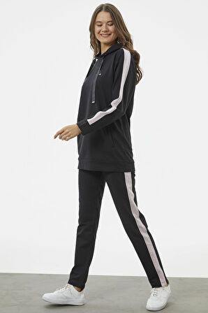 Çift Renk Kapüşonlu Eşofman Takım - Siyah