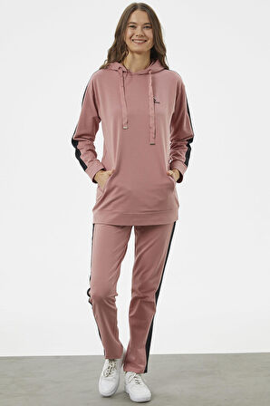 Çift Renk Kapüşonlu Eşofman Takım - Gül