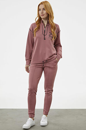 Dik Yaka Rahat Kalıp Eşofman Takım - Gül