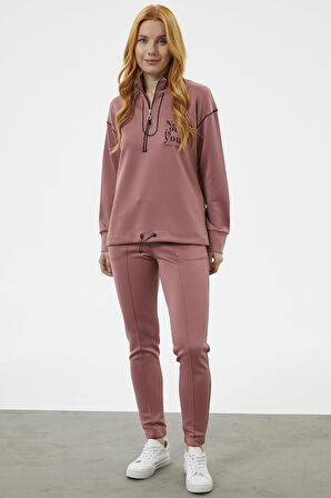 Dik Yaka Rahat Kalıp Eşofman Takım - Gül