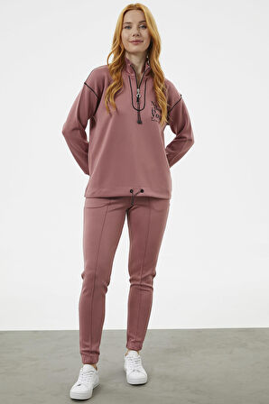 Dik Yaka Rahat Kalıp Eşofman Takım - Gül