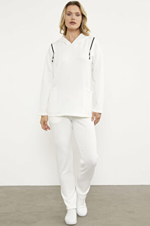 Fermuar Detaylı Cepli Eşofman Takım - Ekru