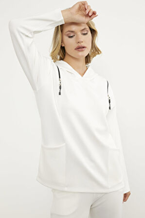 Fermuar Detaylı Cepli Eşofman Takım - Ekru