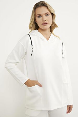 Fermuar Detaylı Cepli Eşofman Takım - Ekru