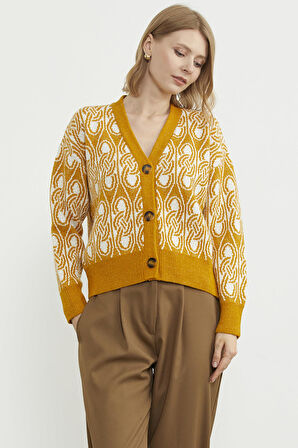 Çift Renk Düğmeli Kalın Triko Hırka - Güneş