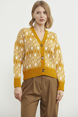 Çift Renk Düğmeli Kalın Triko Hırka - Güneş