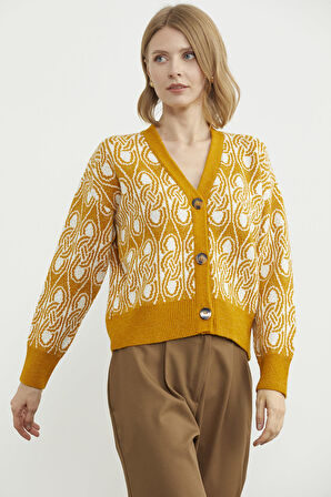 Çift Renk Düğmeli Kalın Triko Hırka - Güneş