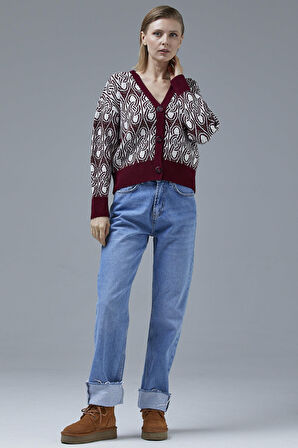 Çift Renk Düğmeli Kalın Triko Hırka - Bordo