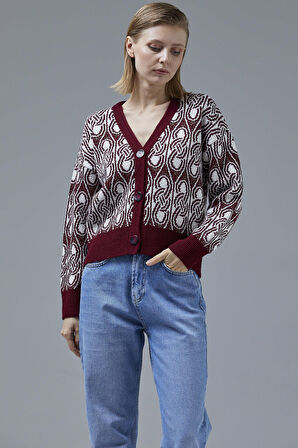 Çift Renk Düğmeli Kalın Triko Hırka - Bordo