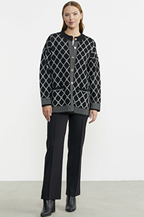 Baklava Desen Çift Renk Yünlü Triko Ceket - Siyah