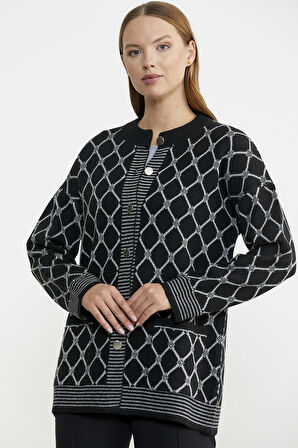 Baklava Desen Çift Renk Yünlü Triko Ceket - Siyah