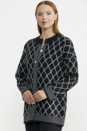 Baklava Desen Çift Renk Yünlü Triko Ceket - Siyah