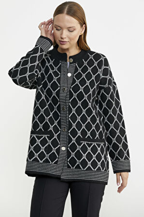 Baklava Desen Çift Renk Yünlü Triko Ceket - Siyah