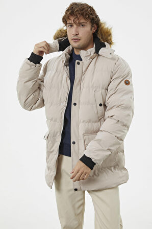 Suni Kürk Kapüşonlu Fermuarlı Mont - Taş