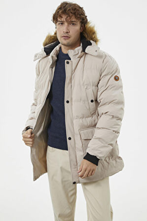 Suni Kürk Kapüşonlu Fermuarlı Mont - Taş