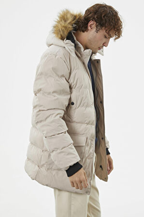 Suni Kürk Kapüşonlu Fermuarlı Mont - Taş