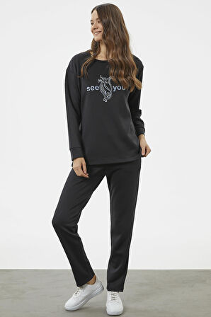 Baskılı Sıfır Yaka Oversize Eşofman Takım - Siyah