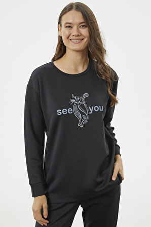 Baskılı Sıfır Yaka Oversize Eşofman Takım - Siyah