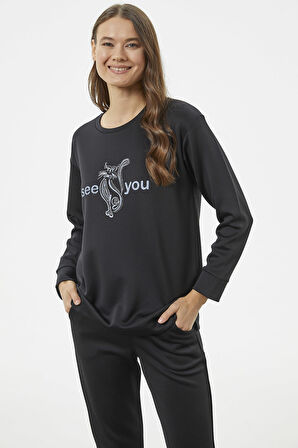 Baskılı Sıfır Yaka Oversize Eşofman Takım - Siyah