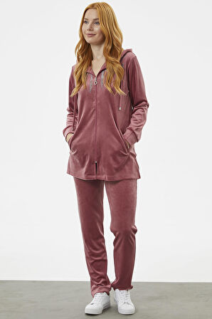 Tam Fermuarlı Kadife Taşlı Eşofman Takım - Gül Kurusu