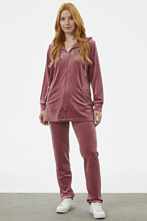 Tam Fermuarlı Kadife Taşlı Eşofman Takım - Gül Kurusu