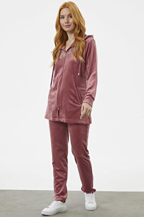 Tam Fermuarlı Kadife Taşlı Eşofman Takım - Gül Kurusu