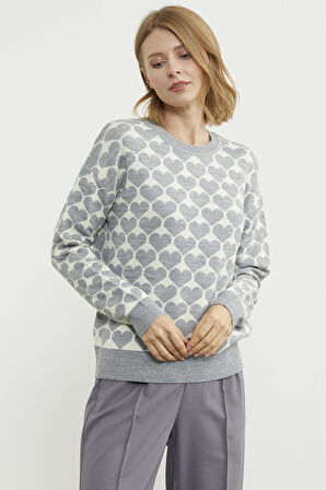 Kalp Desenli Sıfır Yaka Triko Kazak - Gri